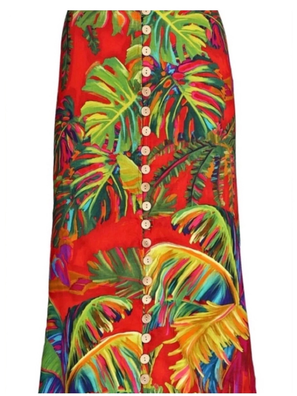 FARM Rio Red Tropical Leaf Button-Front Maxi Skirt